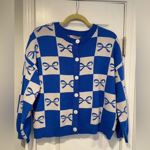 NWT Sincerely Jules Size XS Blue Check Bows Soft Stretch Crew Button Cardigan - Picture 1 of 11